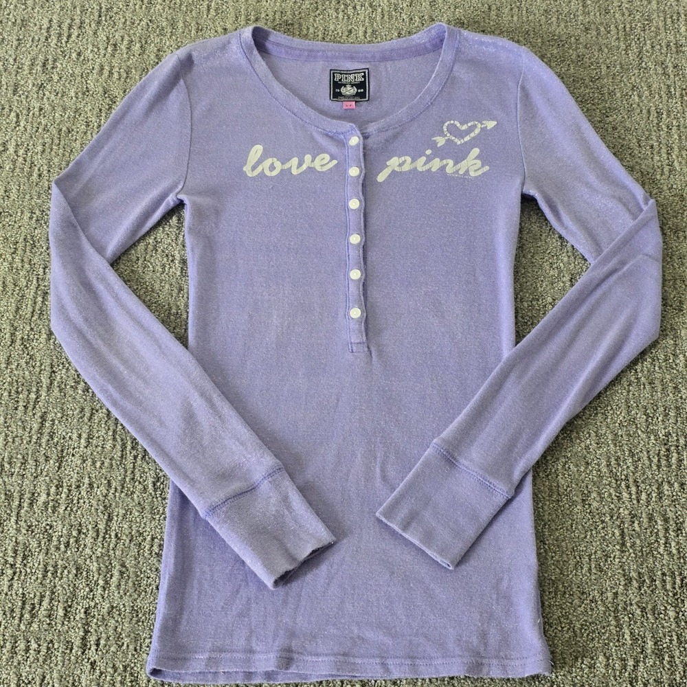 Victoria's Secret PINK 2009 Lavender Metallic Henley Top Small Sheer Y2K McBling